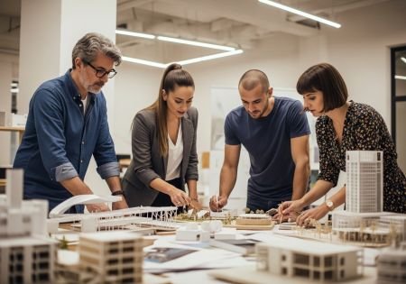 Equipe de arquitetos profissionais colaborando em um projeto arquitetônico inovador sobre uma grande mesa de reunião.